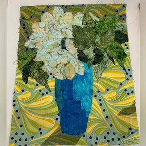 Artist Handcrafted Blue Vase Wall Quilt 20” X 16”. Unframed beautiful stitching